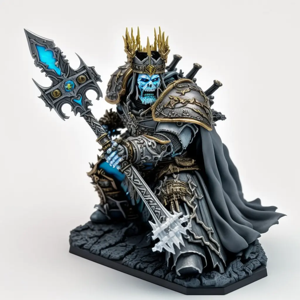 warhammer miniature of Lich King, hand painted, plastic, detailed, white background, studio lighting, product photography